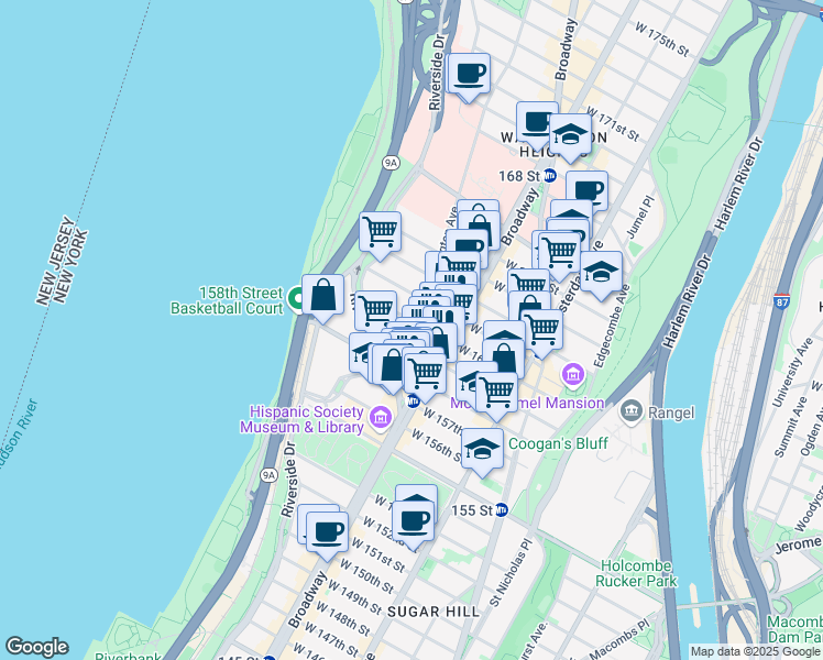 map of restaurants, bars, coffee shops, grocery stores, and more near 25 Fort Washington Avenue in New York