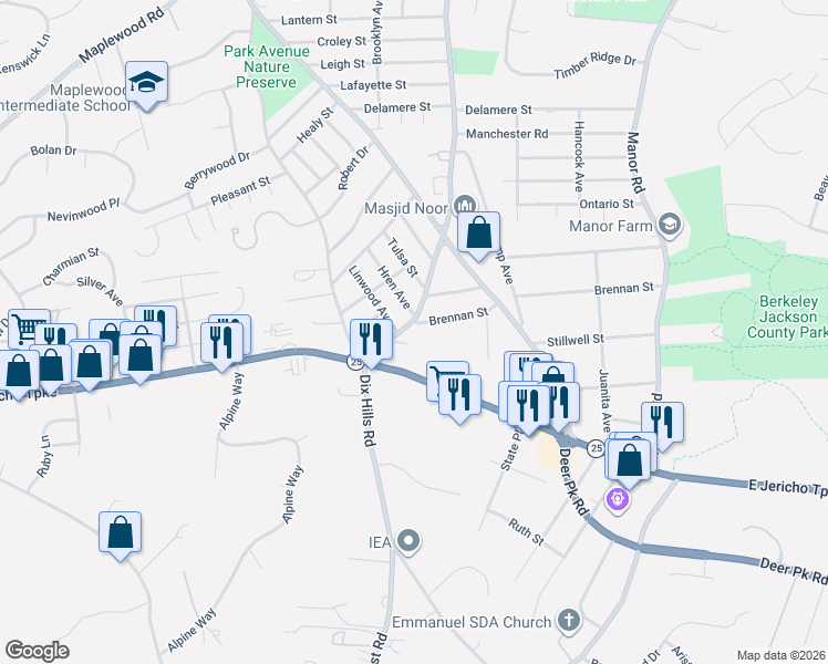 map of restaurants, bars, coffee shops, grocery stores, and more near 30 Brennan Street in Huntington