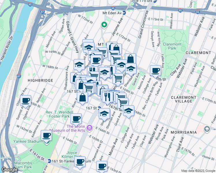 map of restaurants, bars, coffee shops, grocery stores, and more near 155 East 168th Street in The Bronx