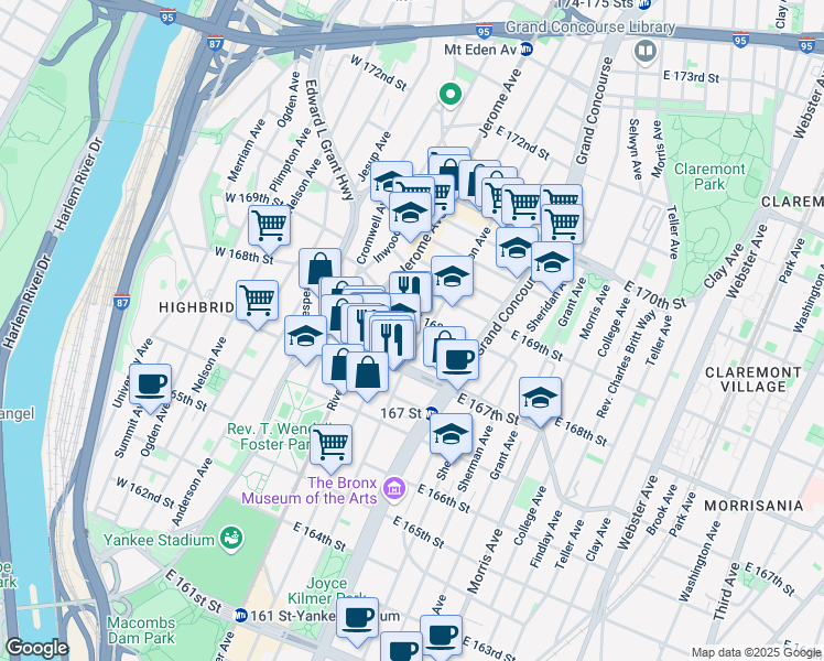 map of restaurants, bars, coffee shops, grocery stores, and more near 50 East 168th Street in Bronx