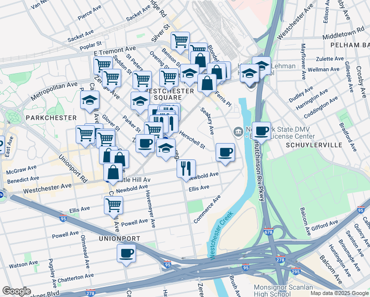 map of restaurants, bars, coffee shops, grocery stores, and more near 2413 Halsey Street in Bronx