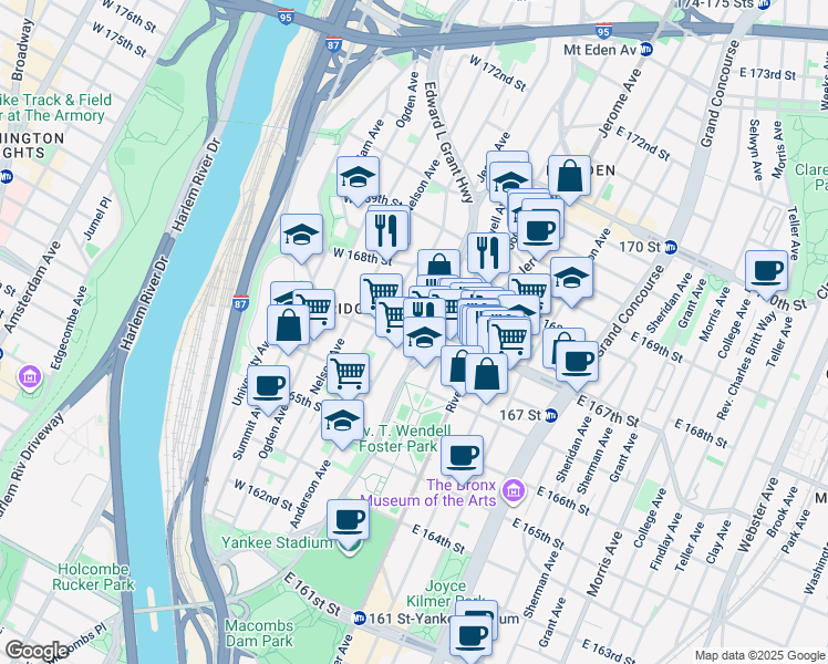 map of restaurants, bars, coffee shops, grocery stores, and more near 1187 Jerome Avenue in The Bronx