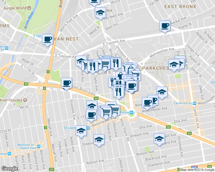 map of restaurants, bars, coffee shops, grocery stores, and more near 1429 Leland Avenue in Bronx