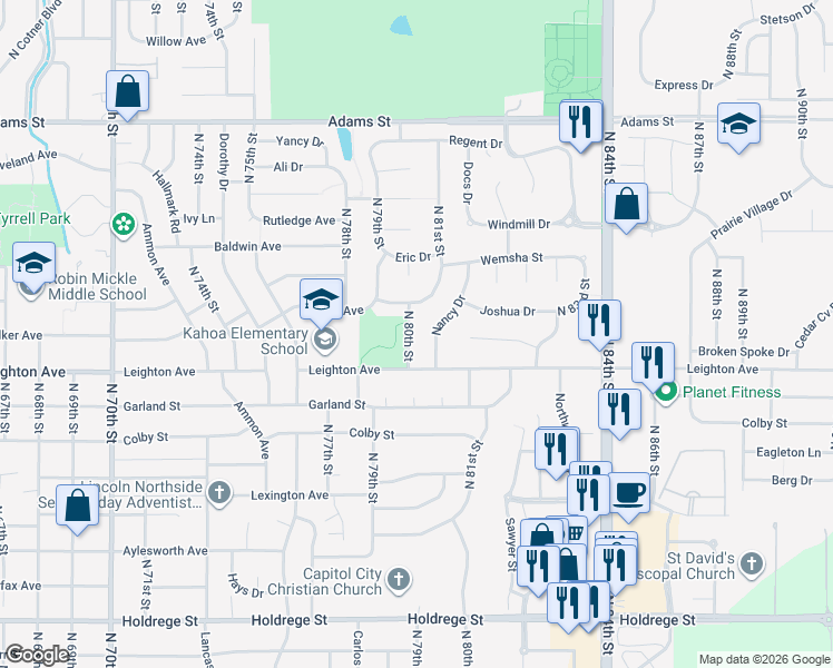 map of restaurants, bars, coffee shops, grocery stores, and more near 2318 North 80th Street in Lincoln