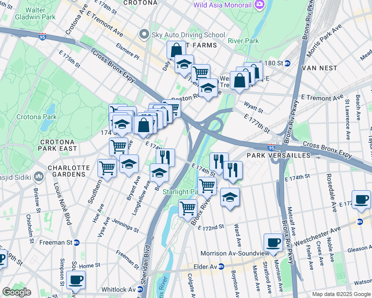 map of restaurants, bars, coffee shops, grocery stores, and more near 1787 West Farms Road in Bronx