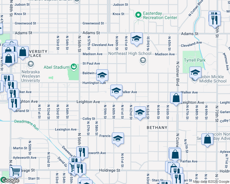 map of restaurants, bars, coffee shops, grocery stores, and more near 5903 Walker Avenue in Lincoln