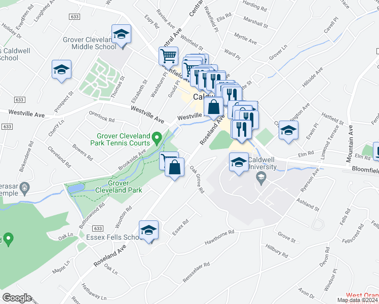 map of restaurants, bars, coffee shops, grocery stores, and more near 97 Roseland Avenue in Caldwell