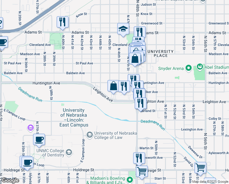 map of restaurants, bars, coffee shops, grocery stores, and more near 4684 Leighton Avenue in Lincoln