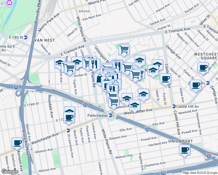 map of restaurants, bars, coffee shops, grocery stores, and more near 1385 Metropolitan Avenue in The Bronx
