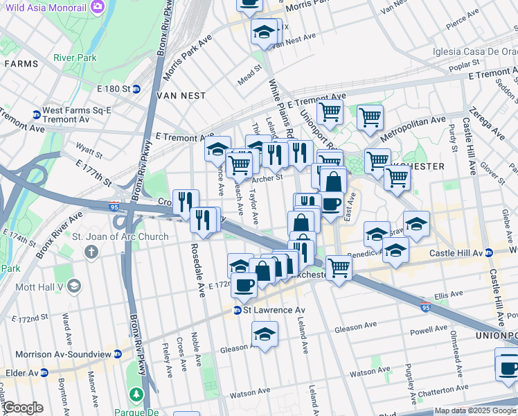 map of restaurants, bars, coffee shops, grocery stores, and more near 1422 Taylor Avenue in Bronx
