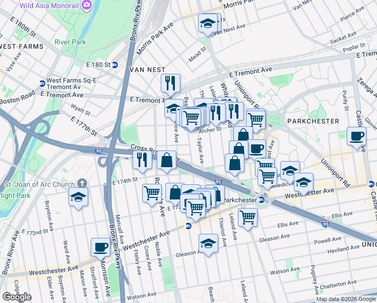 map of restaurants, bars, coffee shops, grocery stores, and more near 1796 Guion Place in Bronx