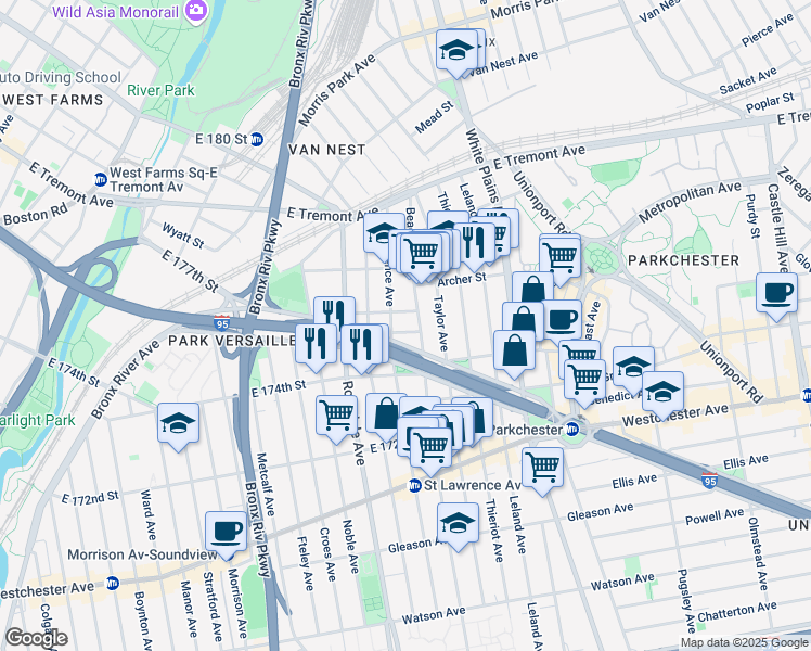 map of restaurants, bars, coffee shops, grocery stores, and more near 1796 Guion Place in Bronx