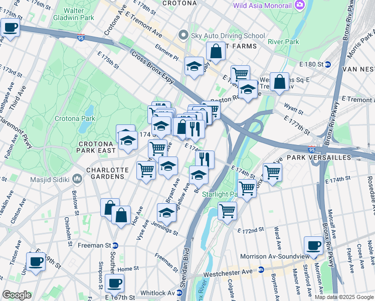 map of restaurants, bars, coffee shops, grocery stores, and more near 1707 Bryant Avenue in Bronx