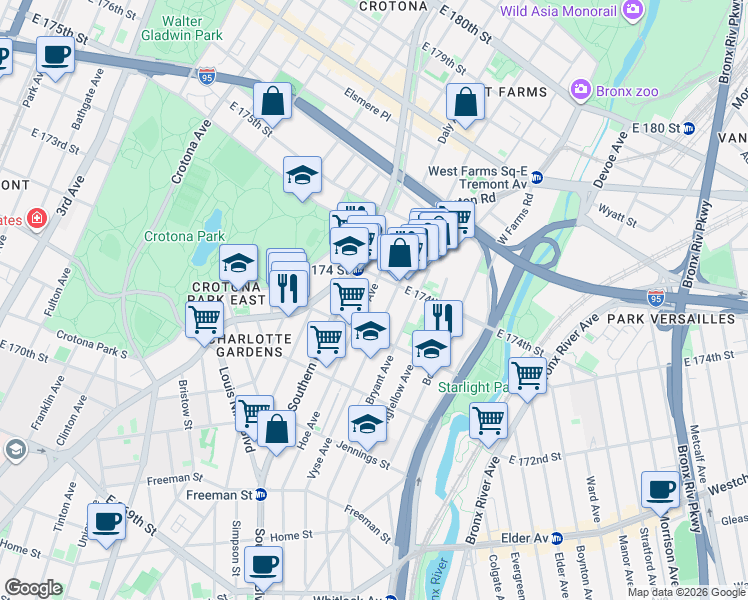 map of restaurants, bars, coffee shops, grocery stores, and more near 1680 Hoe Avenue in The Bronx