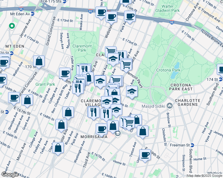 map of restaurants, bars, coffee shops, grocery stores, and more near 1410 Washington Avenue in Bronx