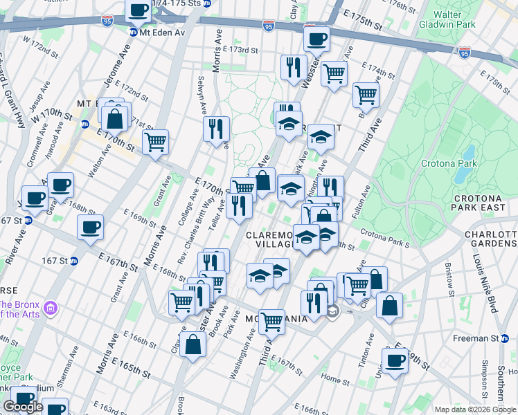 map of restaurants, bars, coffee shops, grocery stores, and more near 1378 Webster Avenue in The Bronx