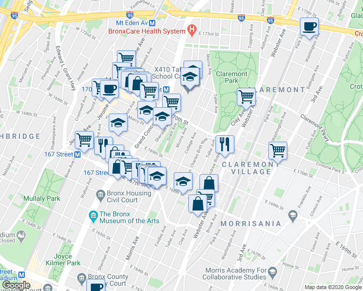 map of restaurants, bars, coffee shops, grocery stores, and more near 1315 Morris Avenue in Bronx