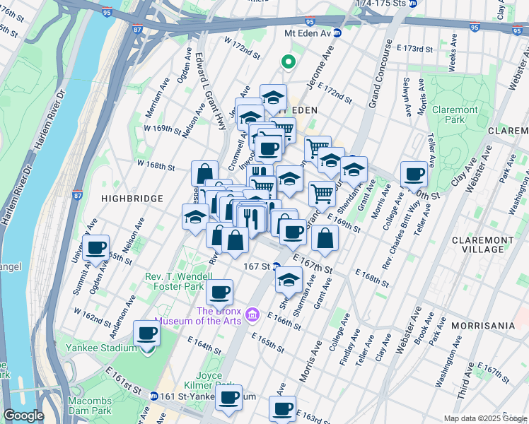 map of restaurants, bars, coffee shops, grocery stores, and more near in The Bronx