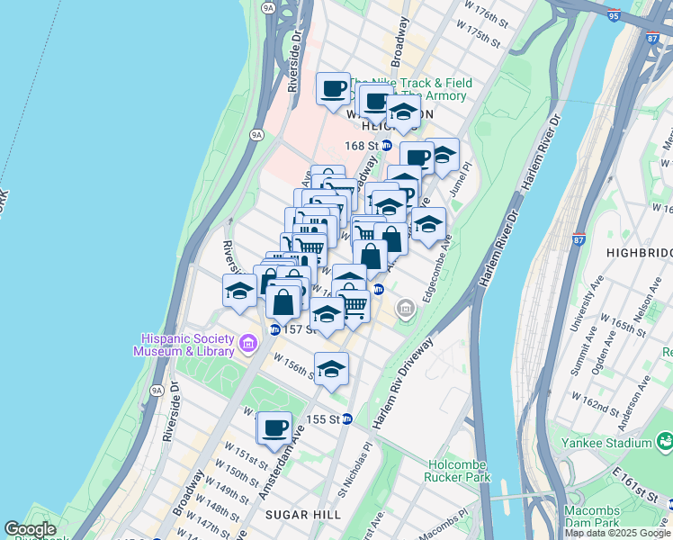 map of restaurants, bars, coffee shops, grocery stores, and more near 572 West 161st Street in New York