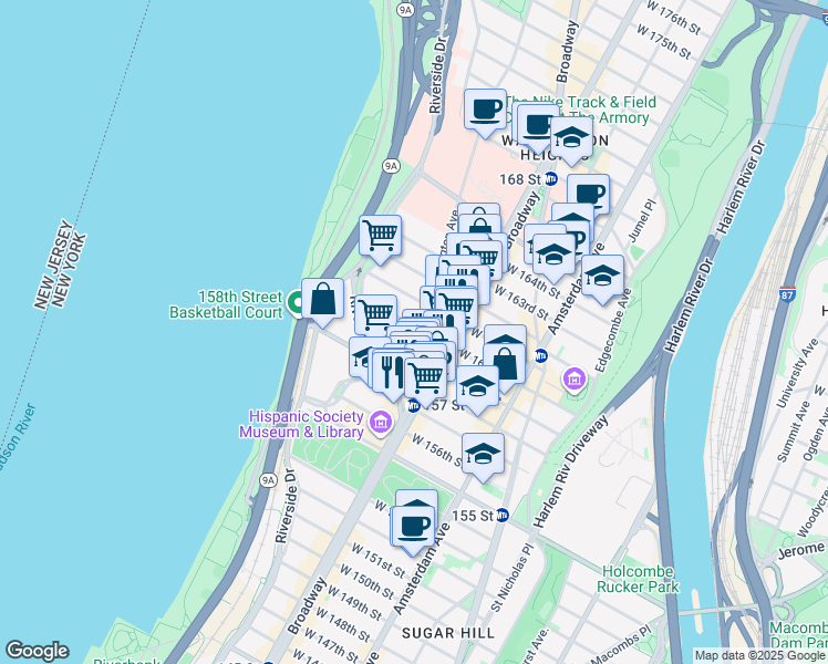 map of restaurants, bars, coffee shops, grocery stores, and more near 834 Riverside Drive in New York