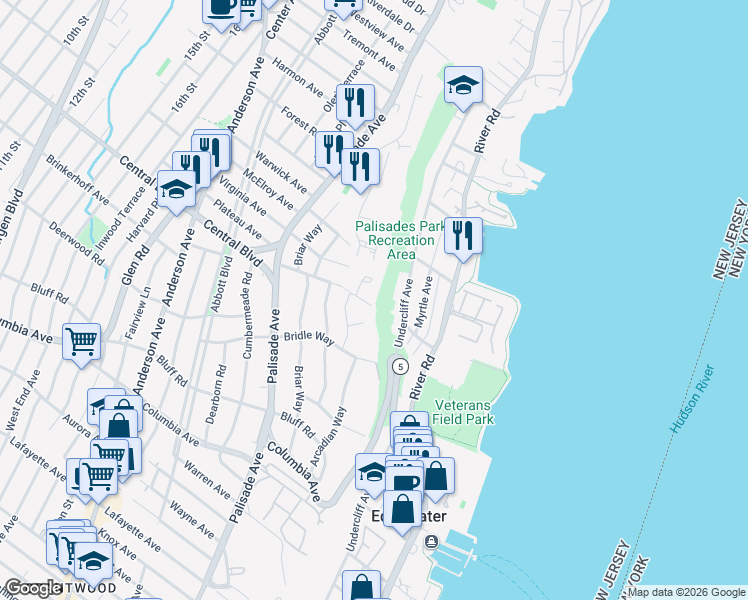 map of restaurants, bars, coffee shops, grocery stores, and more near 3 Crescent Way in Fort Lee