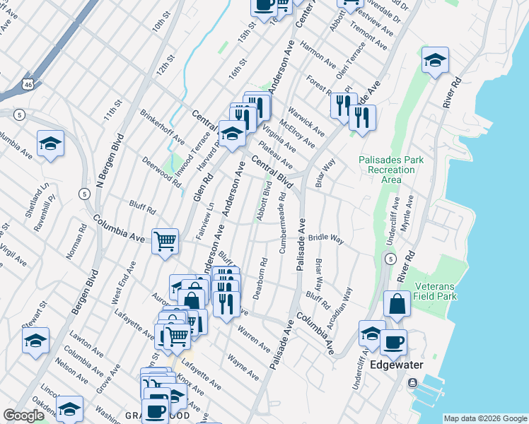 map of restaurants, bars, coffee shops, grocery stores, and more near 227 Dorincourt Road in Fort Lee