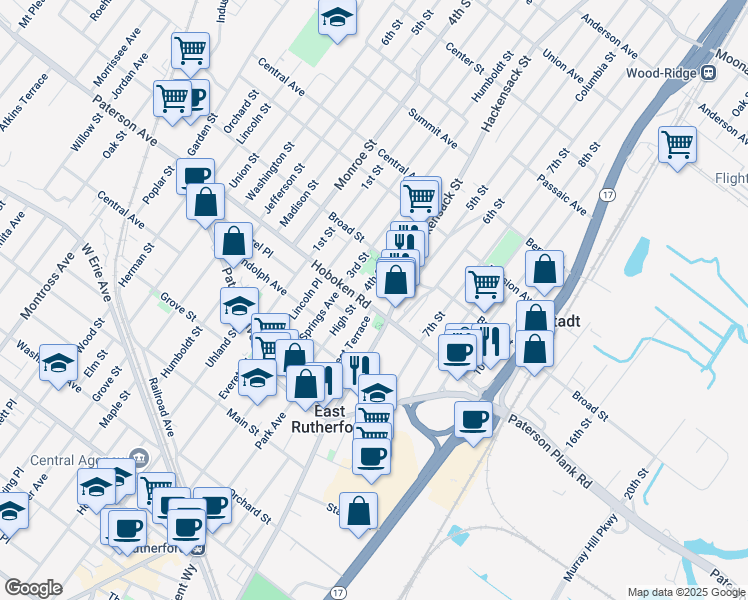 map of restaurants, bars, coffee shops, grocery stores, and more near 306 Hackensack Street in Carlstadt