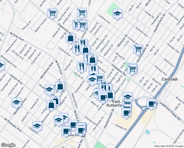 map of restaurants, bars, coffee shops, grocery stores, and more near 88 Humboldt Street in East Rutherford