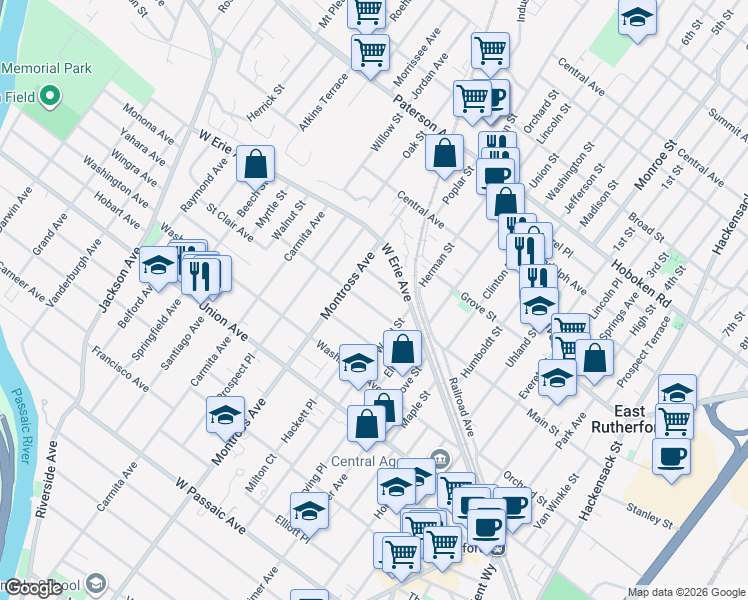 map of restaurants, bars, coffee shops, grocery stores, and more near 50 Morse Avenue in Rutherford