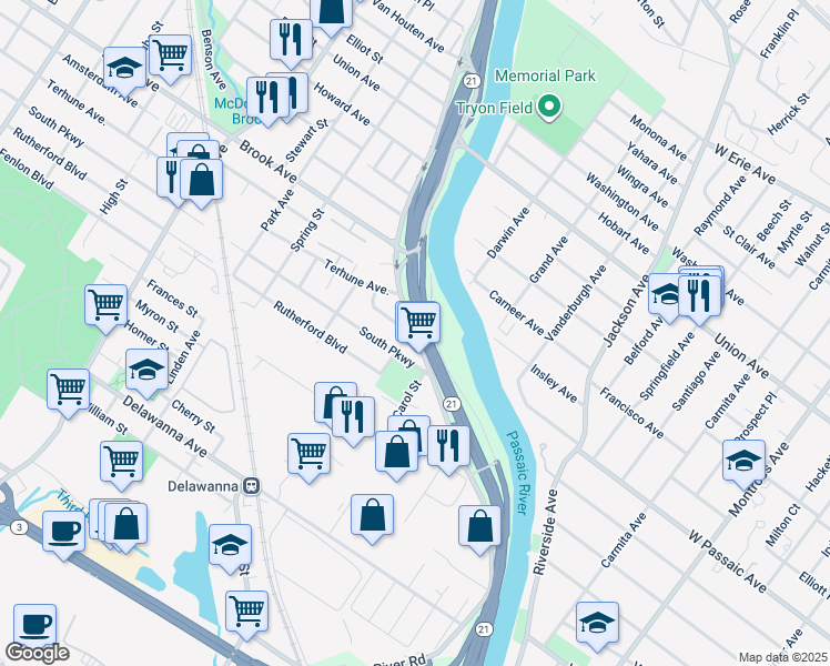map of restaurants, bars, coffee shops, grocery stores, and more near 750 River Road in Passaic