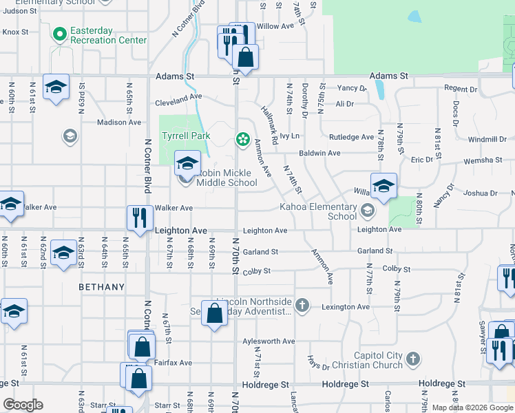 map of restaurants, bars, coffee shops, grocery stores, and more near 7021 Walker Avenue in Lincoln