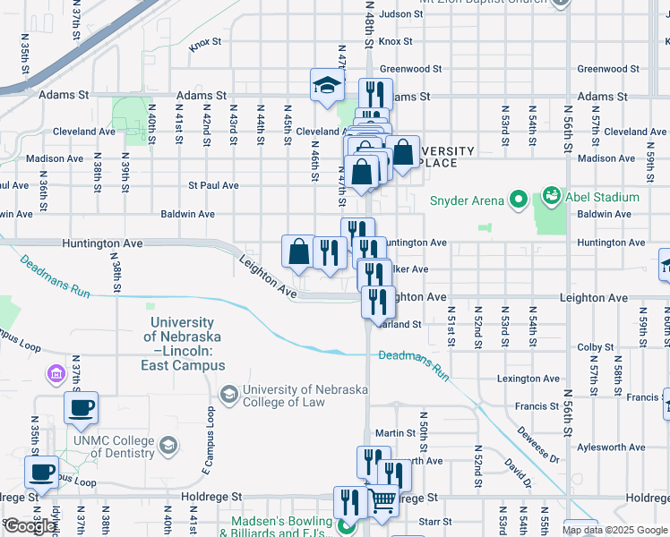 map of restaurants, bars, coffee shops, grocery stores, and more near 4640 Leighton Avenue in Lincoln