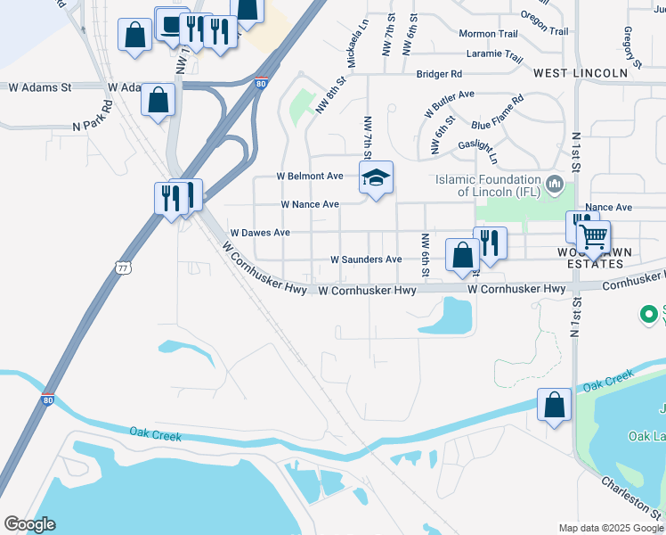 map of restaurants, bars, coffee shops, grocery stores, and more near 2345 North Main Street in Lincoln