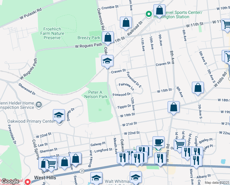 map of restaurants, bars, coffee shops, grocery stores, and more near 3 Foxwood Drive in Huntington Station