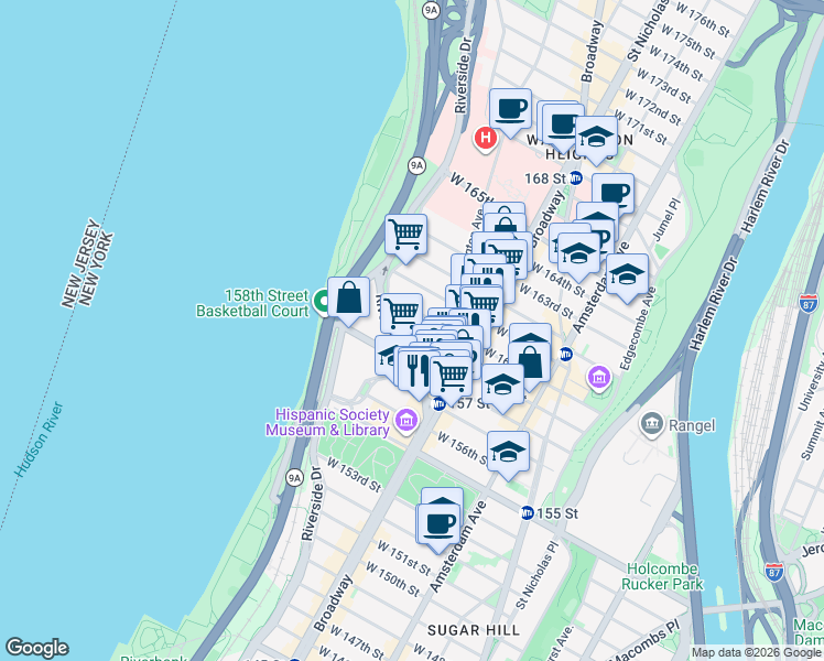 map of restaurants, bars, coffee shops, grocery stores, and more near 848 Riverside Drive in New York