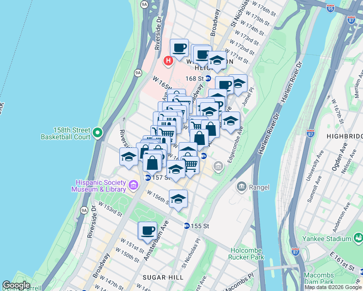 map of restaurants, bars, coffee shops, grocery stores, and more near 572 West 161st Street in New York