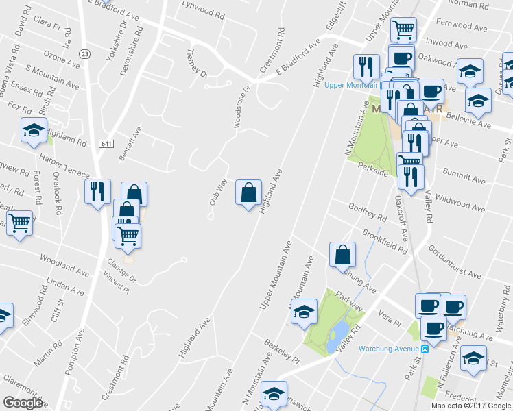 map of restaurants, bars, coffee shops, grocery stores, and more near 206 Highland Avenue in Montclair