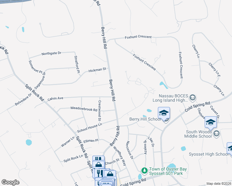 map of restaurants, bars, coffee shops, grocery stores, and more near 236 Berry Hill Road in Syosset
