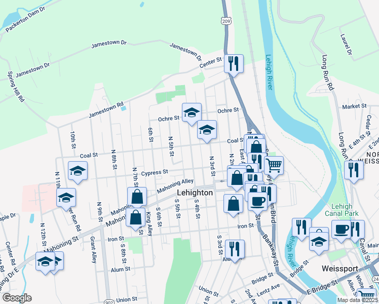 map of restaurants, bars, coffee shops, grocery stores, and more near 248 North 4th Street in Lehighton