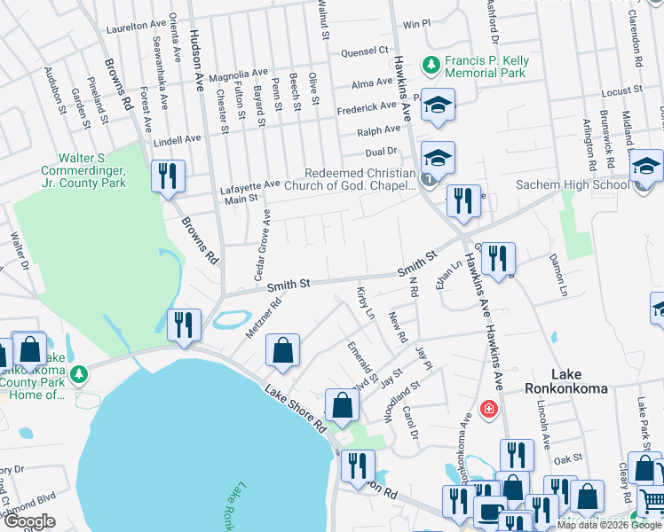 map of restaurants, bars, coffee shops, grocery stores, and more near 69 Smith Street in Lake Grove