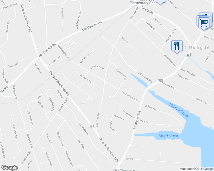 map of restaurants, bars, coffee shops, grocery stores, and more near 39 Midhampton Avenue in Quogue