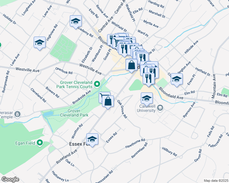 map of restaurants, bars, coffee shops, grocery stores, and more near 105 Roseland Avenue in Caldwell