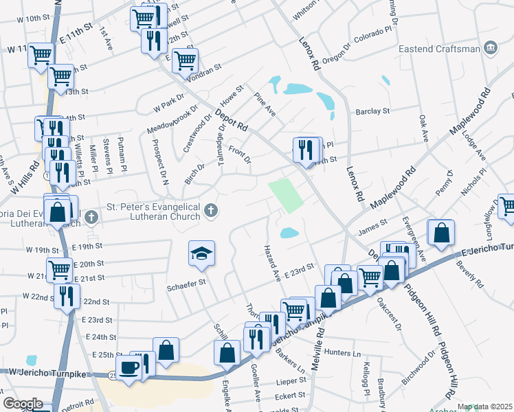 map of restaurants, bars, coffee shops, grocery stores, and more near 204 East 19th Street in Huntington Station
