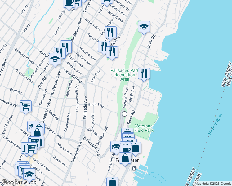 map of restaurants, bars, coffee shops, grocery stores, and more near 3 Crescent Way in Fort Lee