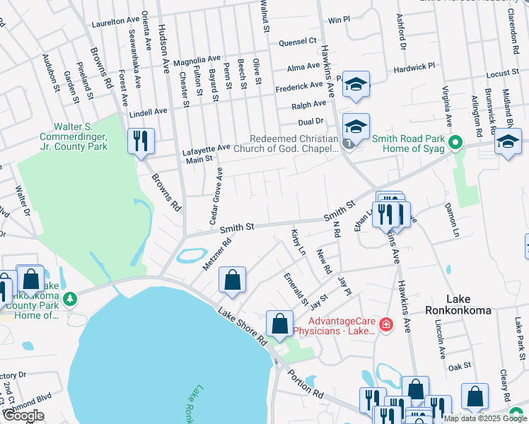 map of restaurants, bars, coffee shops, grocery stores, and more near 55 Smith Street in Lake Grove