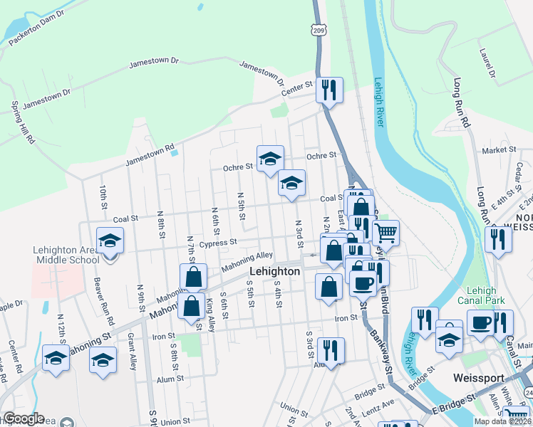 map of restaurants, bars, coffee shops, grocery stores, and more near 229 North 4th Street in Lehighton