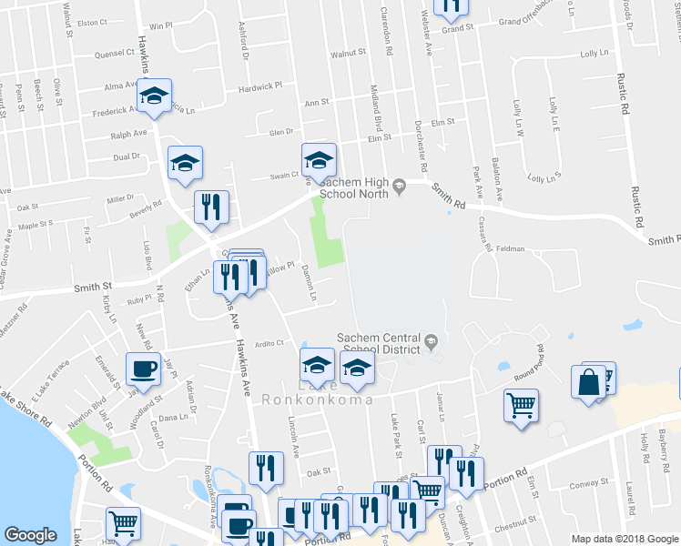 map of restaurants, bars, coffee shops, grocery stores, and more near 7 Wellington Court in Ronkonkoma