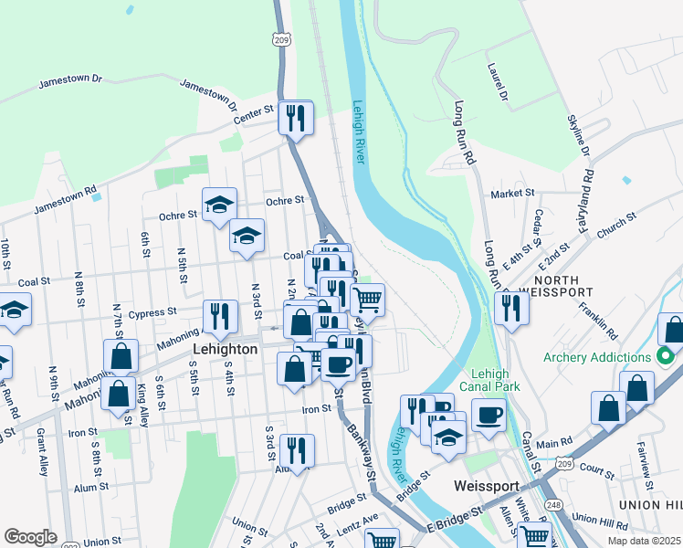 map of restaurants, bars, coffee shops, grocery stores, and more near 314 Sergeant Stanley Hoffman Boulevard in Lehighton
