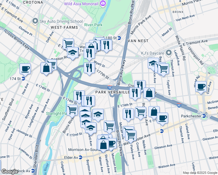 map of restaurants, bars, coffee shops, grocery stores, and more near Cross Bronx Expressway in Bronx
