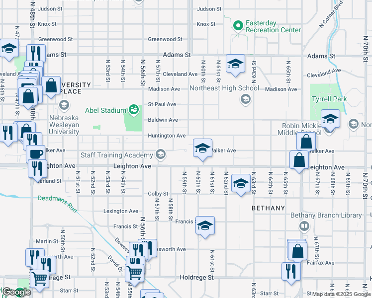map of restaurants, bars, coffee shops, grocery stores, and more near 5903 Walker Avenue in Lincoln